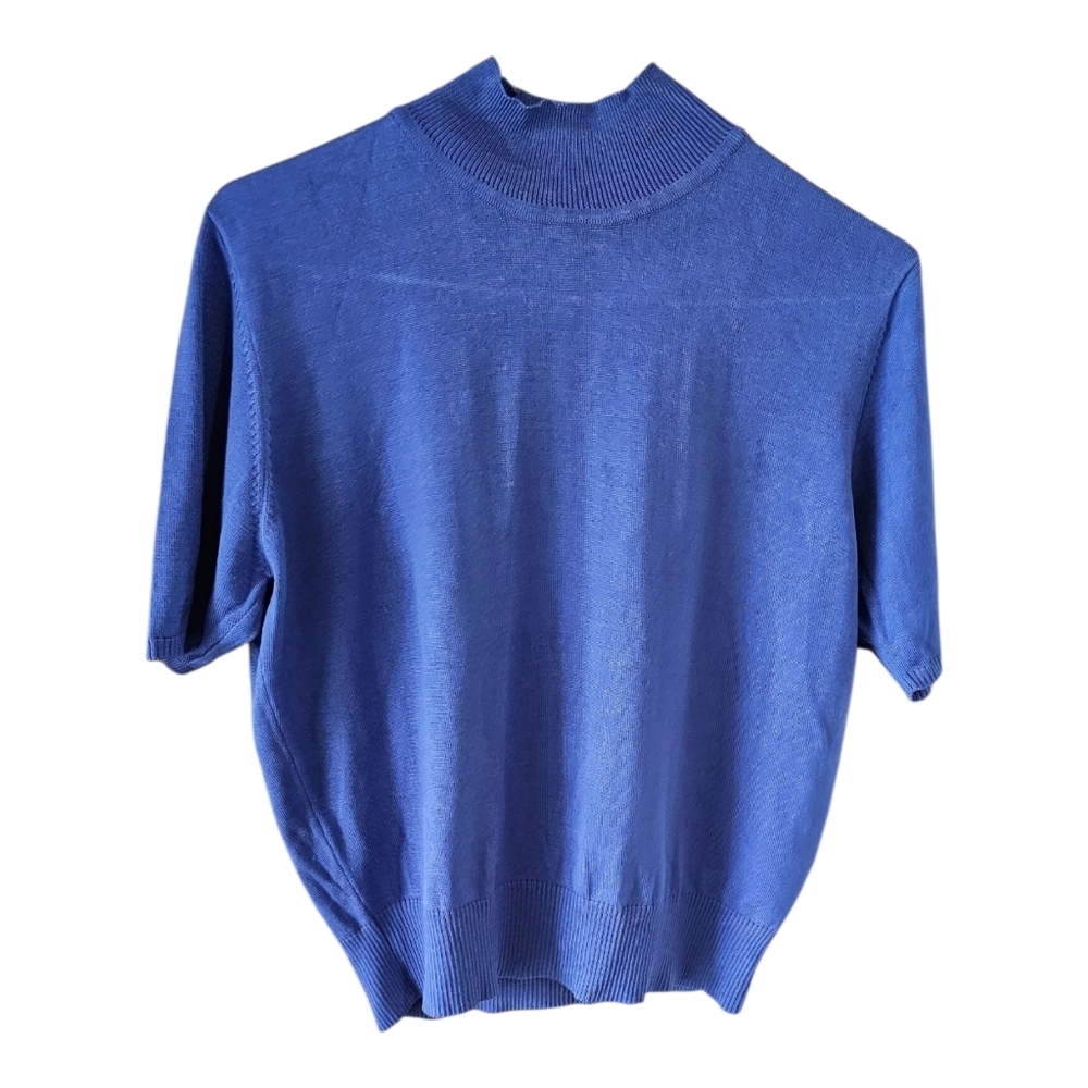 Tesori  Blue Mock Neck Short Sleeve Knit Sweater Silk Nylon Blend-  Size L